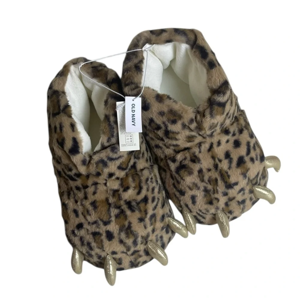 NWT Old Navy Kids Plush Slippers XXL Youth 5-6 Critter Leopard Monster Claw Feet